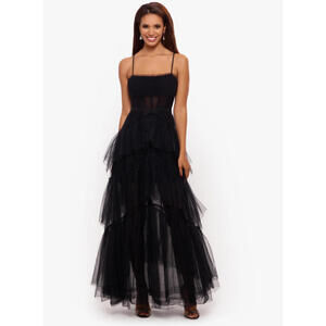NWT Betsy & Adam Jasmine Black Mesh Corset Tiered Gown Size 8